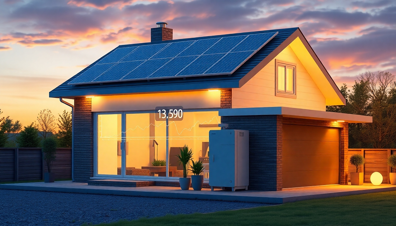 太陽光発電パネルと蓄電池システムを備えたスマートホームと電力価格変動を示す未来的なディスプレイ